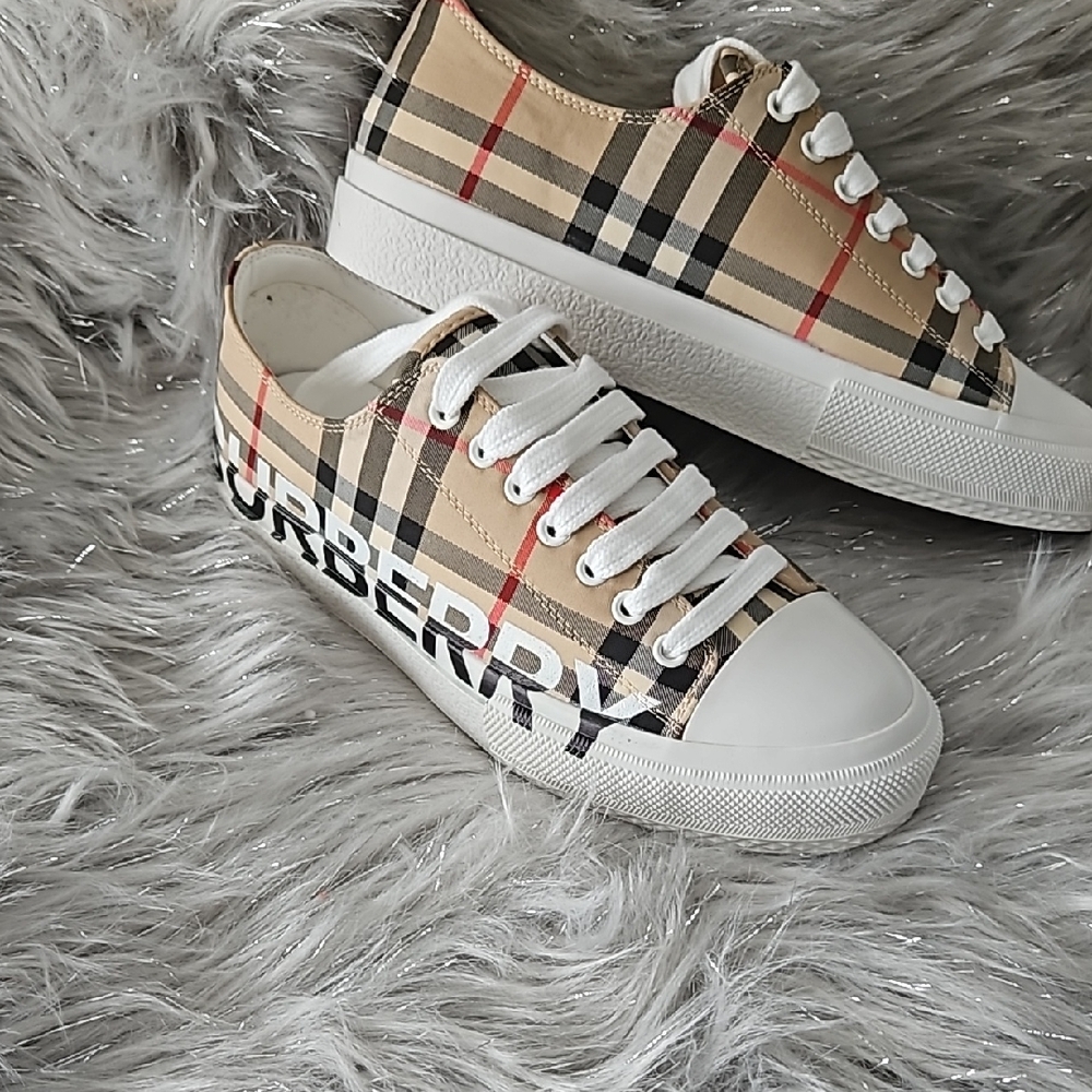 Burberry Plaid Sneakers in Tan Black and White